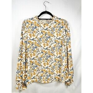 Pleated Ruffle Neck Top Blouse Size Large Floral Gathered Ruffle Long Sleeved